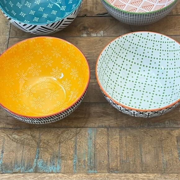 Over and Back Bowls Double Print Geometry Colorful Stoneware Set of 6 - Picture 4 of 13